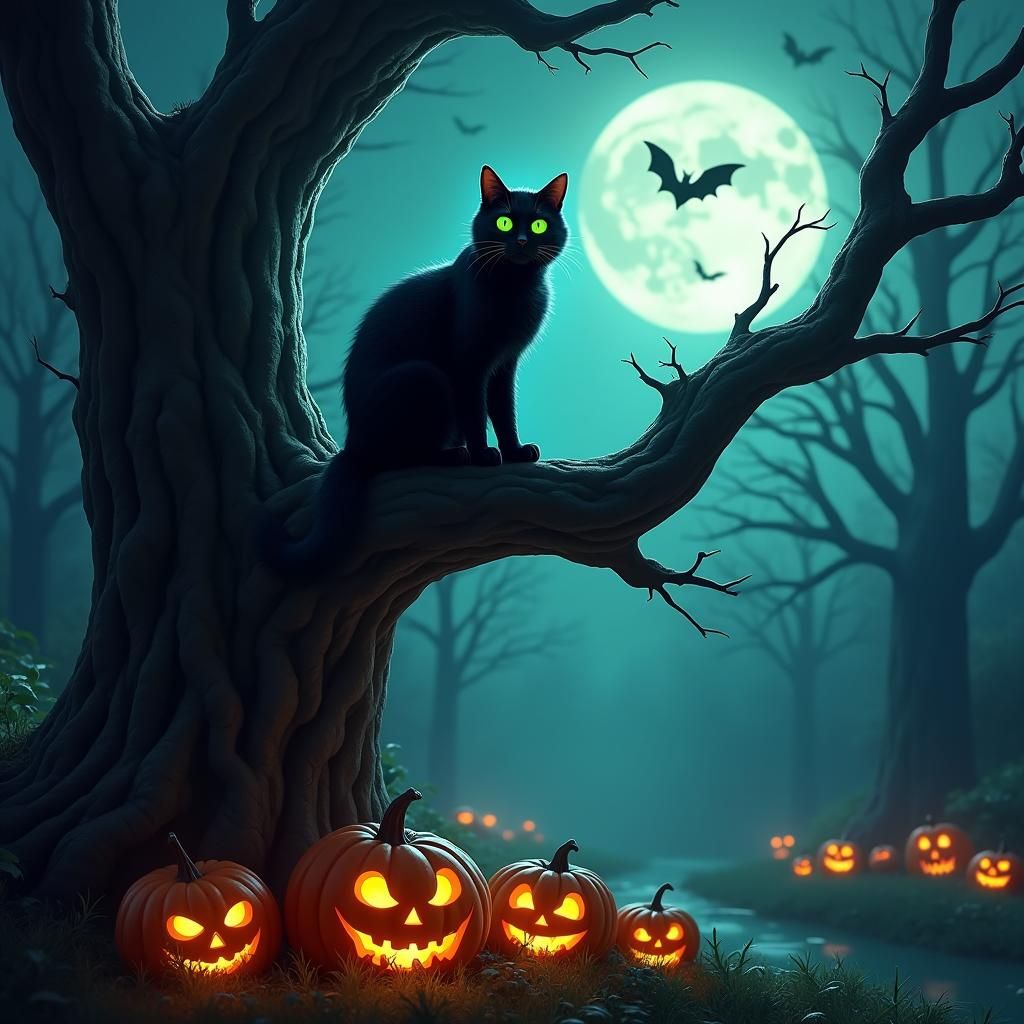 Mystical Black Cat in Spooky Halloween Scene