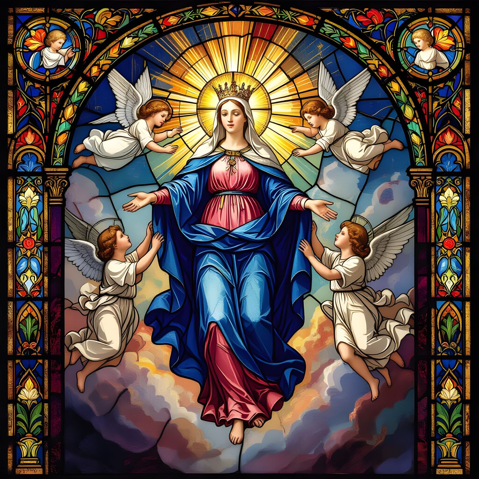 Assumption of Mary Stained Glass in Gouache Style