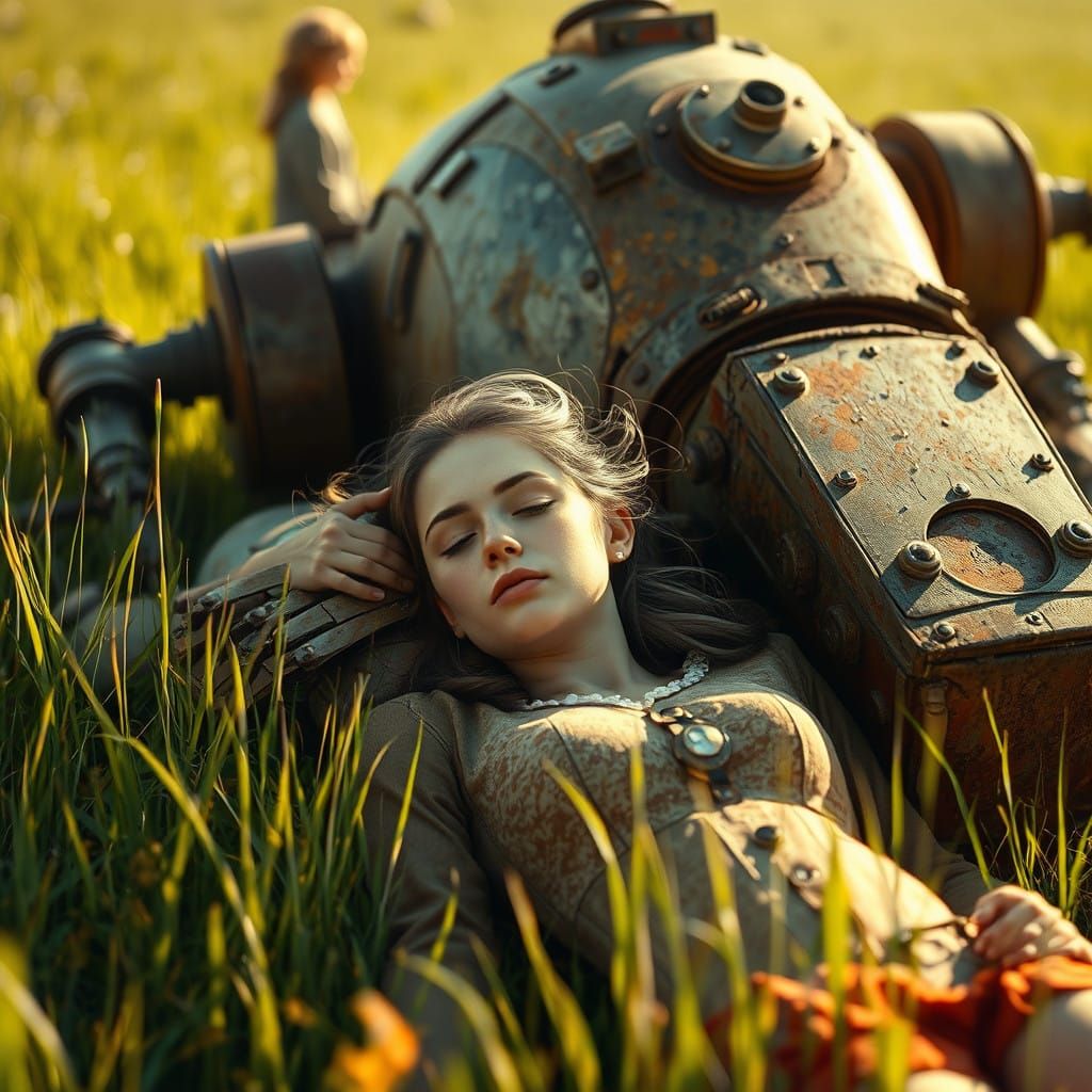 Steampunk Woman Finds Solace in Rusty Robot Companion