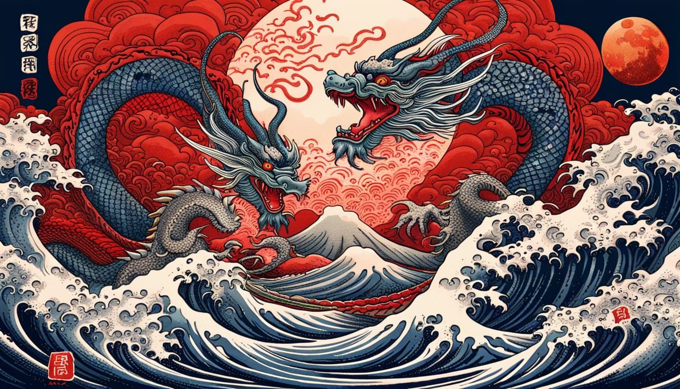 Crimson Eclipse: Dual-Headed Dragon's Triumph in the Presence of the Red Moon