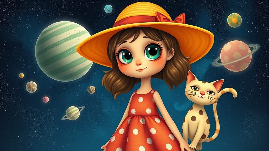 Whimsical Girl and Polka Dot Cat in Pixar Style