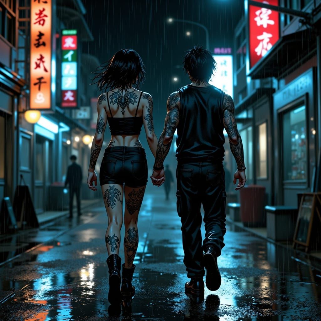 Cinematic 90s Anime Scene: Tattooed Woman at Night Train Sta...