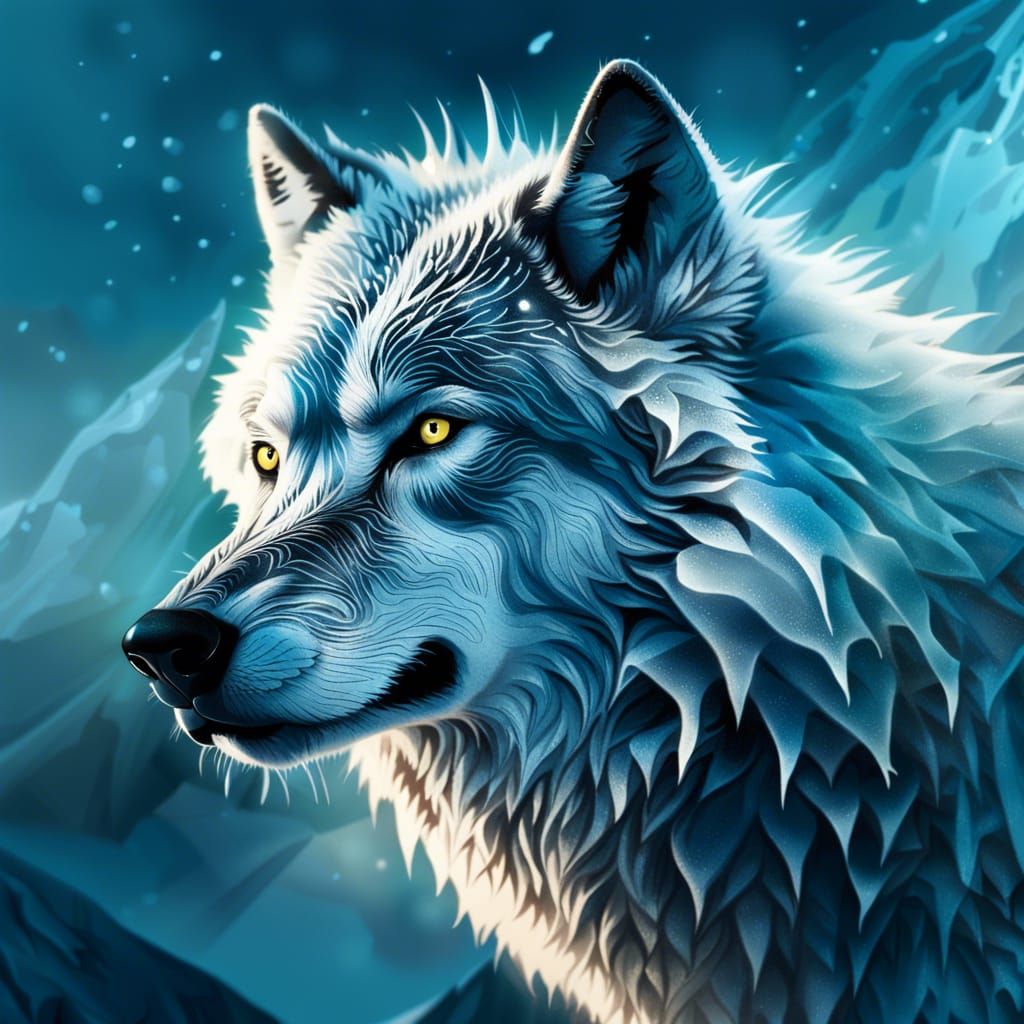Icy Wolf in Misty Mountains, Hyperrealistic