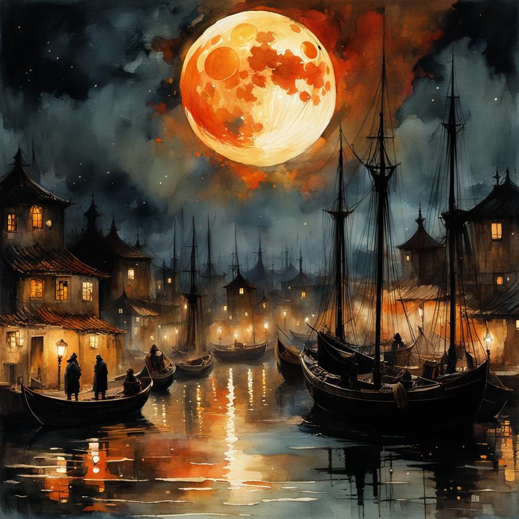 Night Harbor Watercolor Painting with Orange Moon