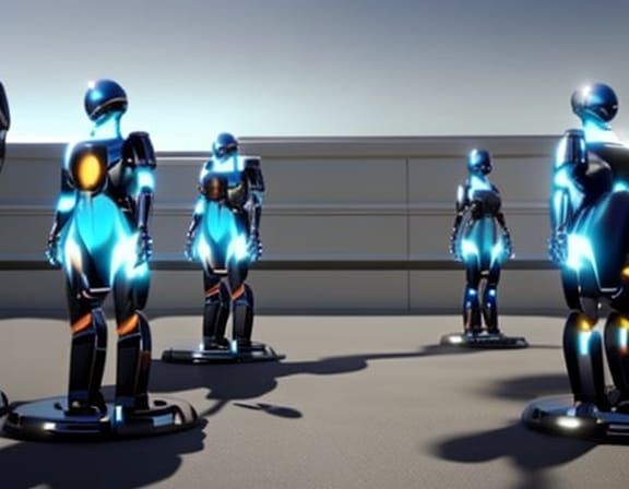Futuristic Robots Recharging in Poolside Sci-Fi Scene