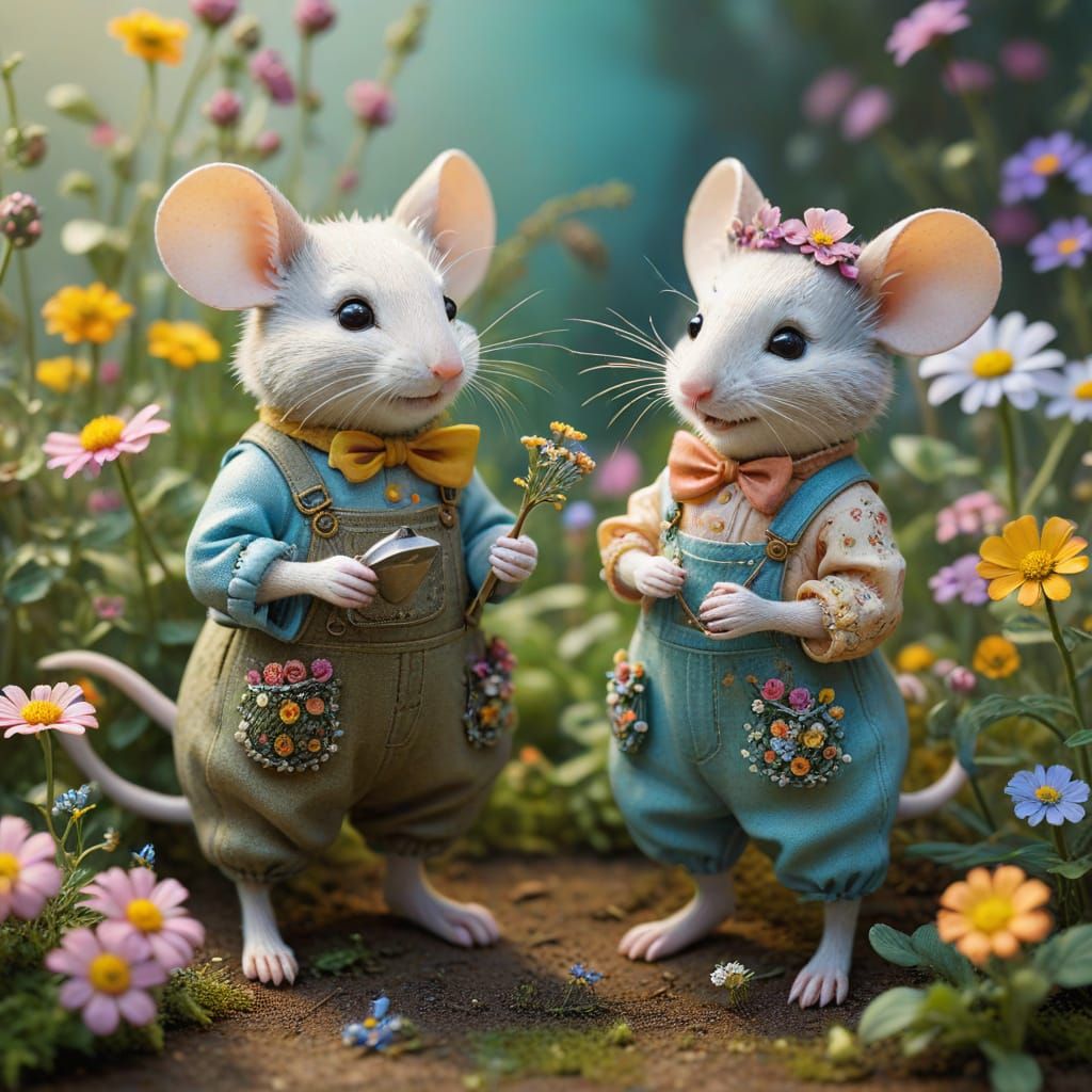 Whimsical Mice Tend Miniature Garden in Rococo Style