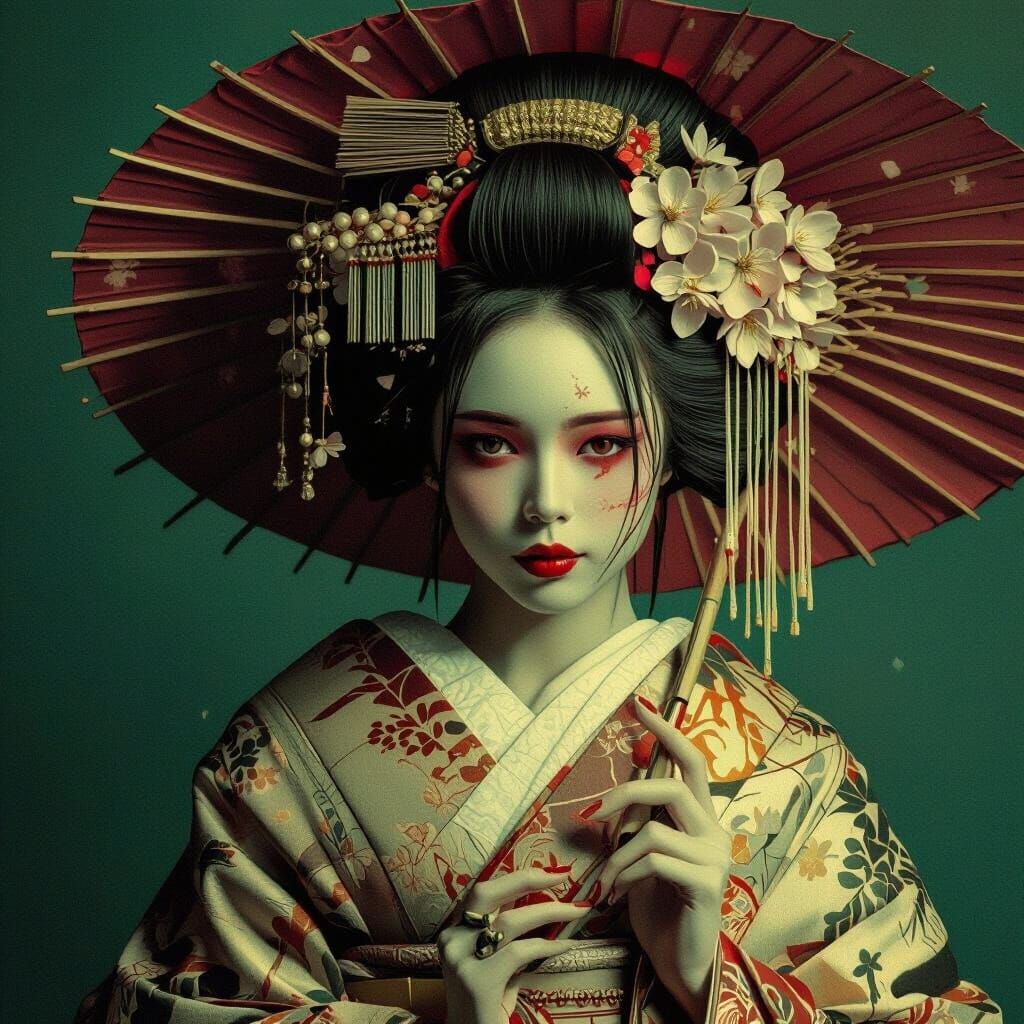 Solemn Geisha in Temple with Cherry Blossoms