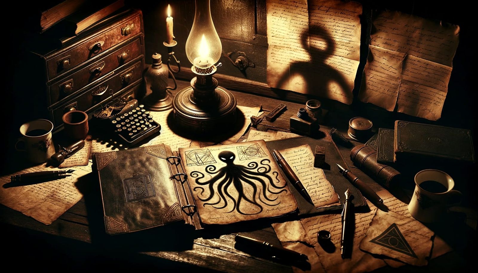 Mystical 1920s Desk with Lovecraftian Shadows
