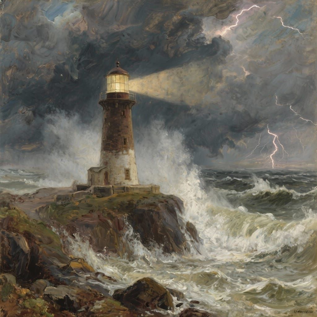 Lighthouse Beam Pierces Stormy Foggy Sea