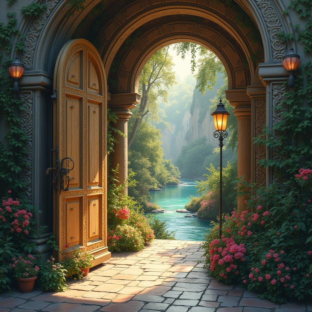 Enchanted Garden Doorway in Dreamlike Surrealist Style