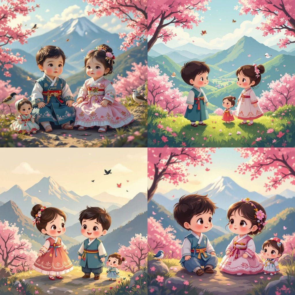 Cute Korean Babies Enjoying Mountain View and Pink Trees