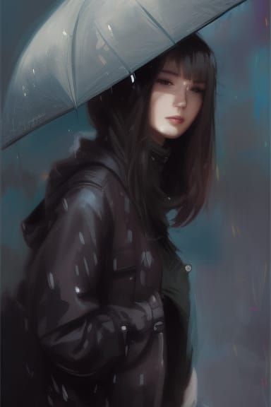 Anime Girl in Rain: Detailed Urban Digital Painting