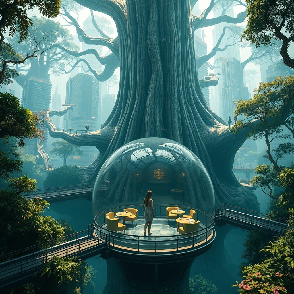 Futuristic Tree City with Glass Dome Restaurant in 4K