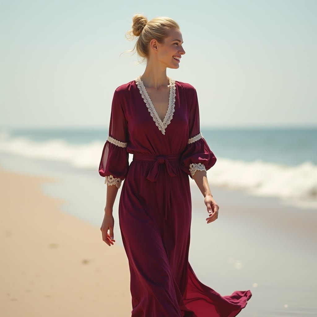 Blonde Woman on Beach in Hyperrealistic Style