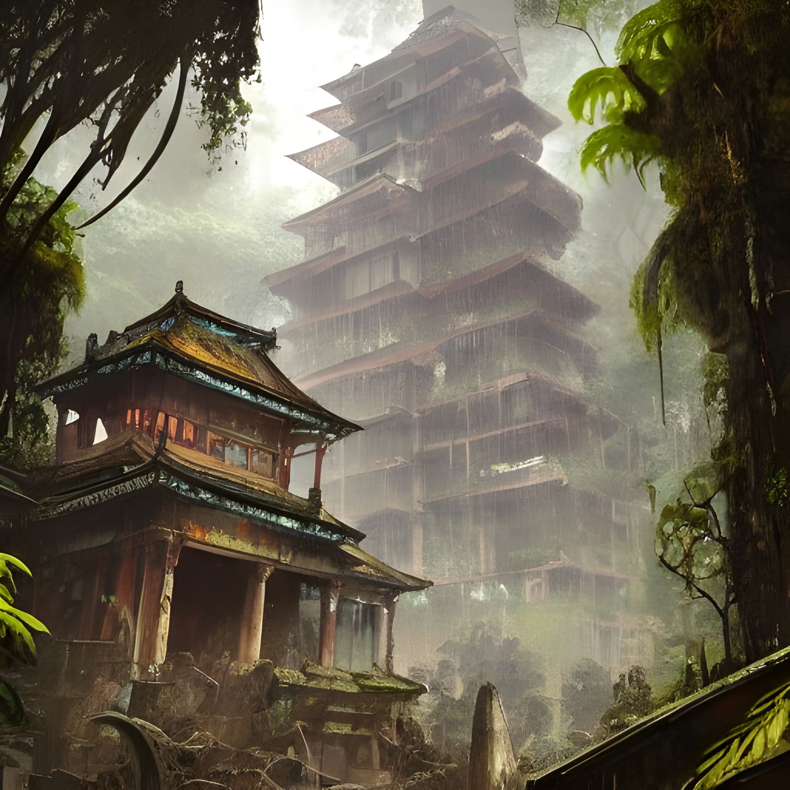 Rainforest Ruins: An Ancient Temple in Cyberpunk Fantasy