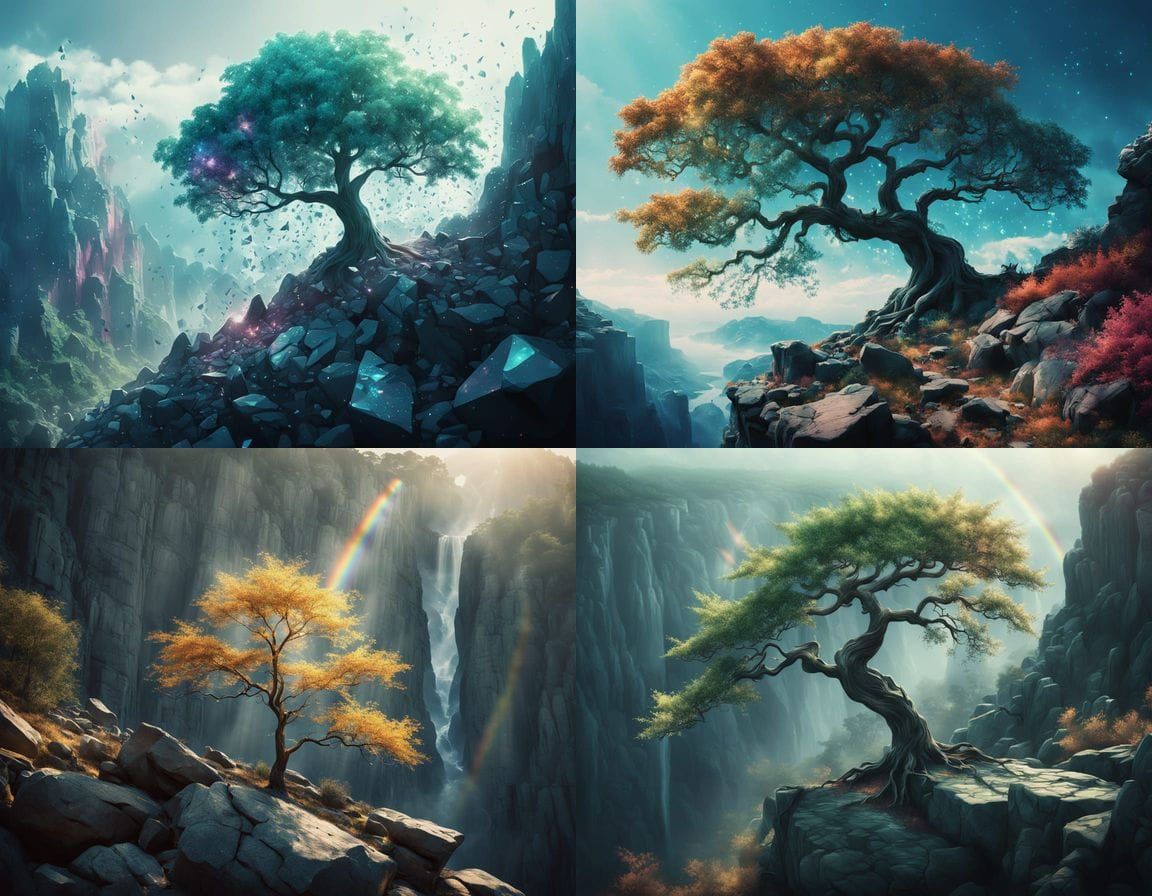 Surreal Tree Defies Gravity in Ethereal Fantasy Landscape