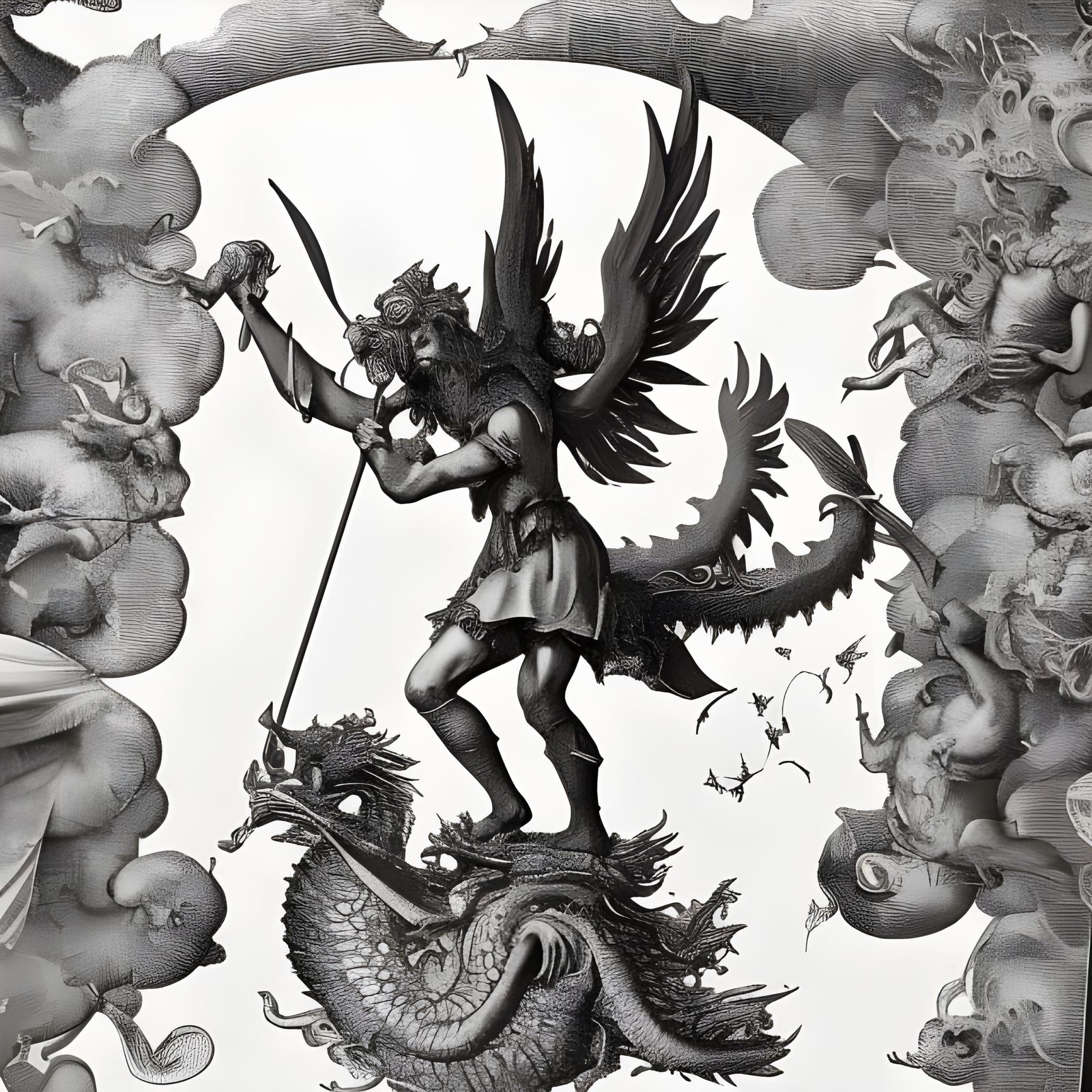 St Michael Slaying Dragon: Victorian Engraving