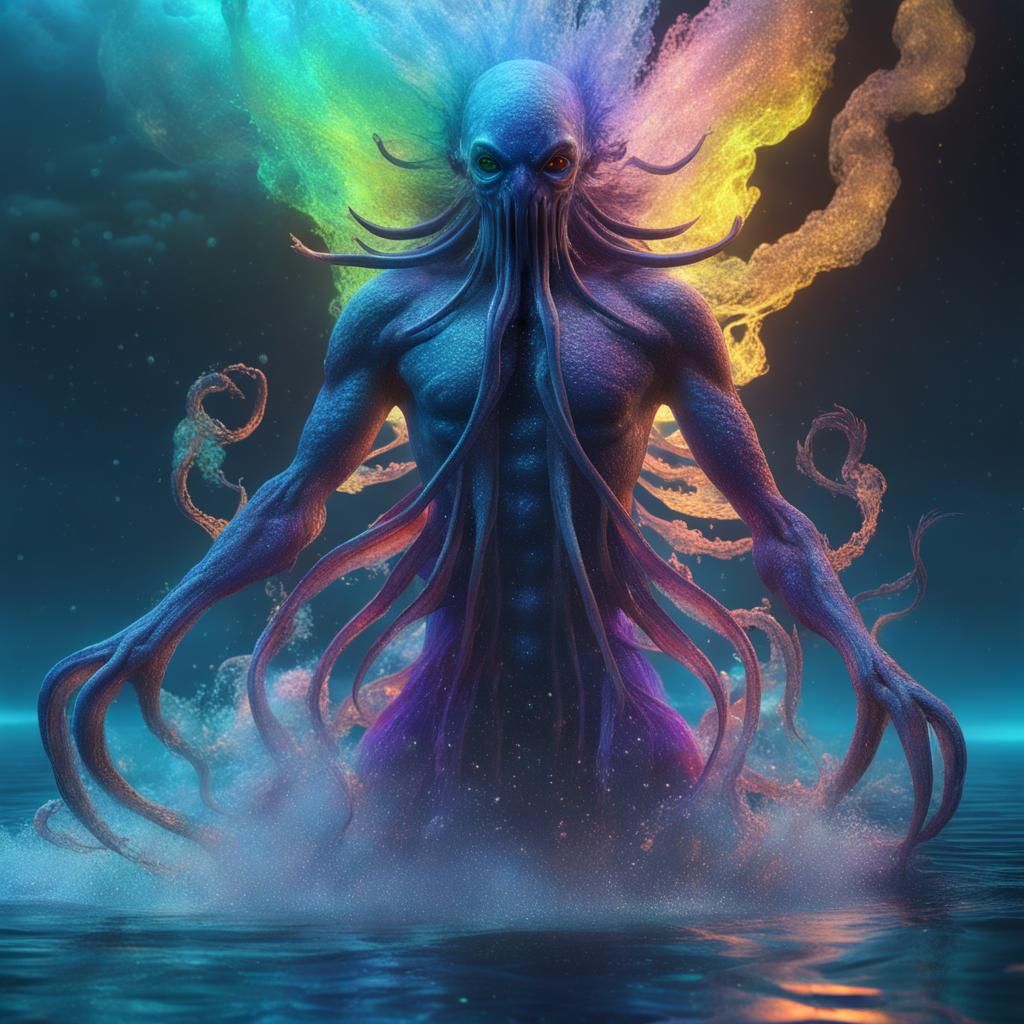 Bioluminescent Kraken Hybrid in Ethereal Ocean