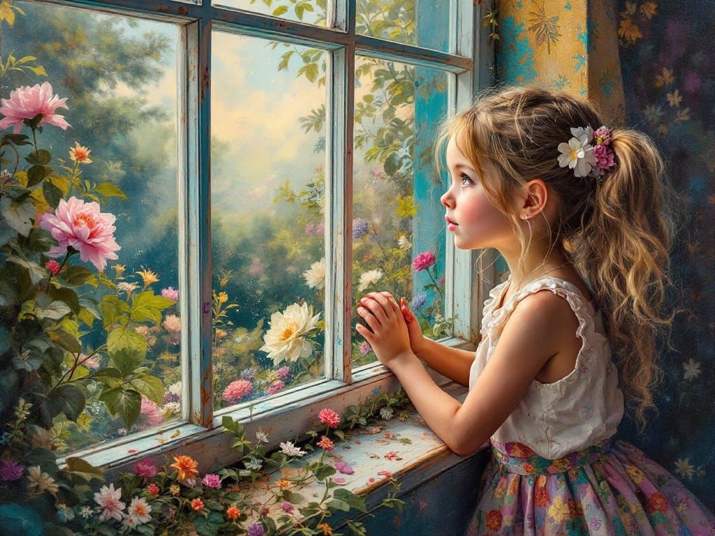 Girl Gazing at Enchanted Garden in Oil Painting Style