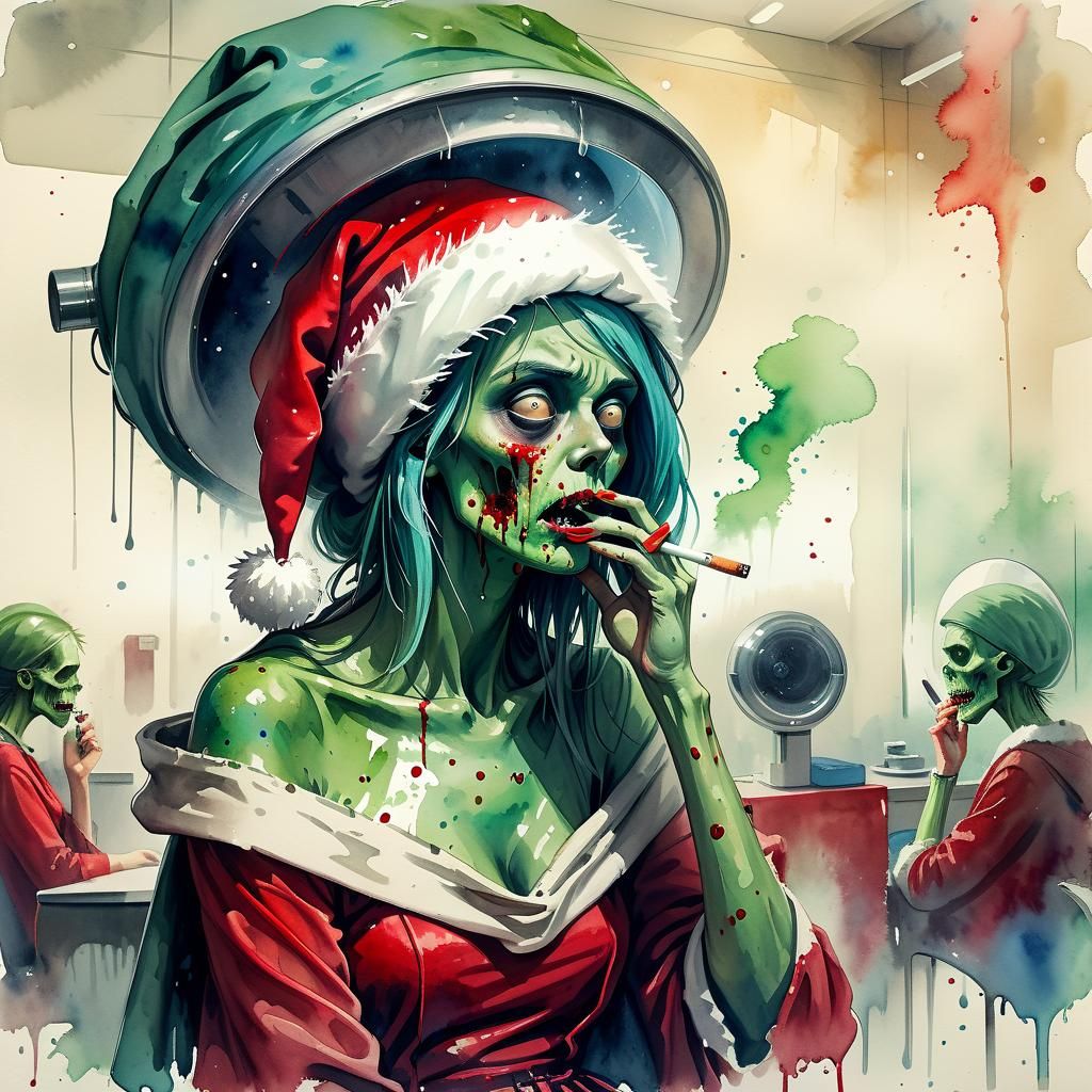 Extreme wide shot. A bored green-skinned zombie woman holding a Santa hat and a red dress, cigarette in her mouth, (a bi...