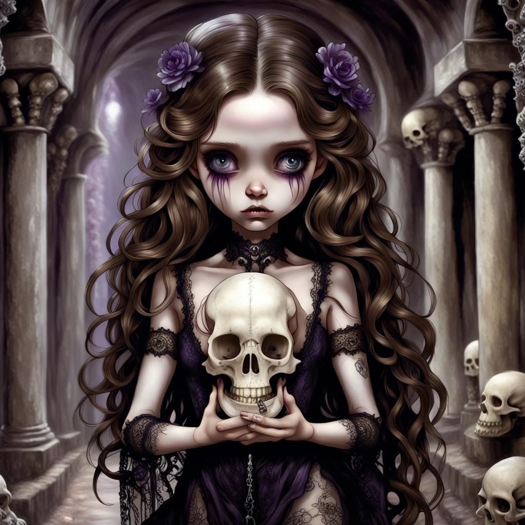 Chibi Death Goddess in Crypt, Ethereal Fantasy