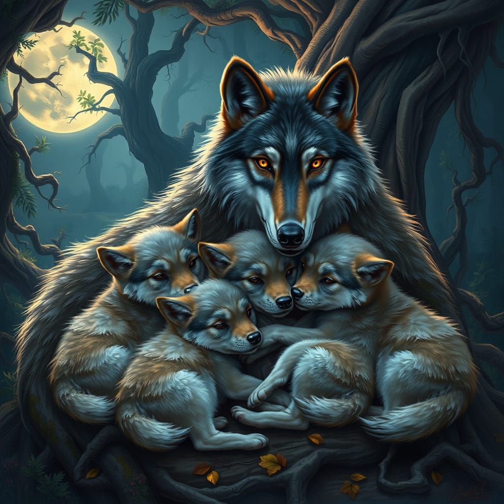 Family of Wolf Pups Gathered Around Mother in Enchanted Fore...