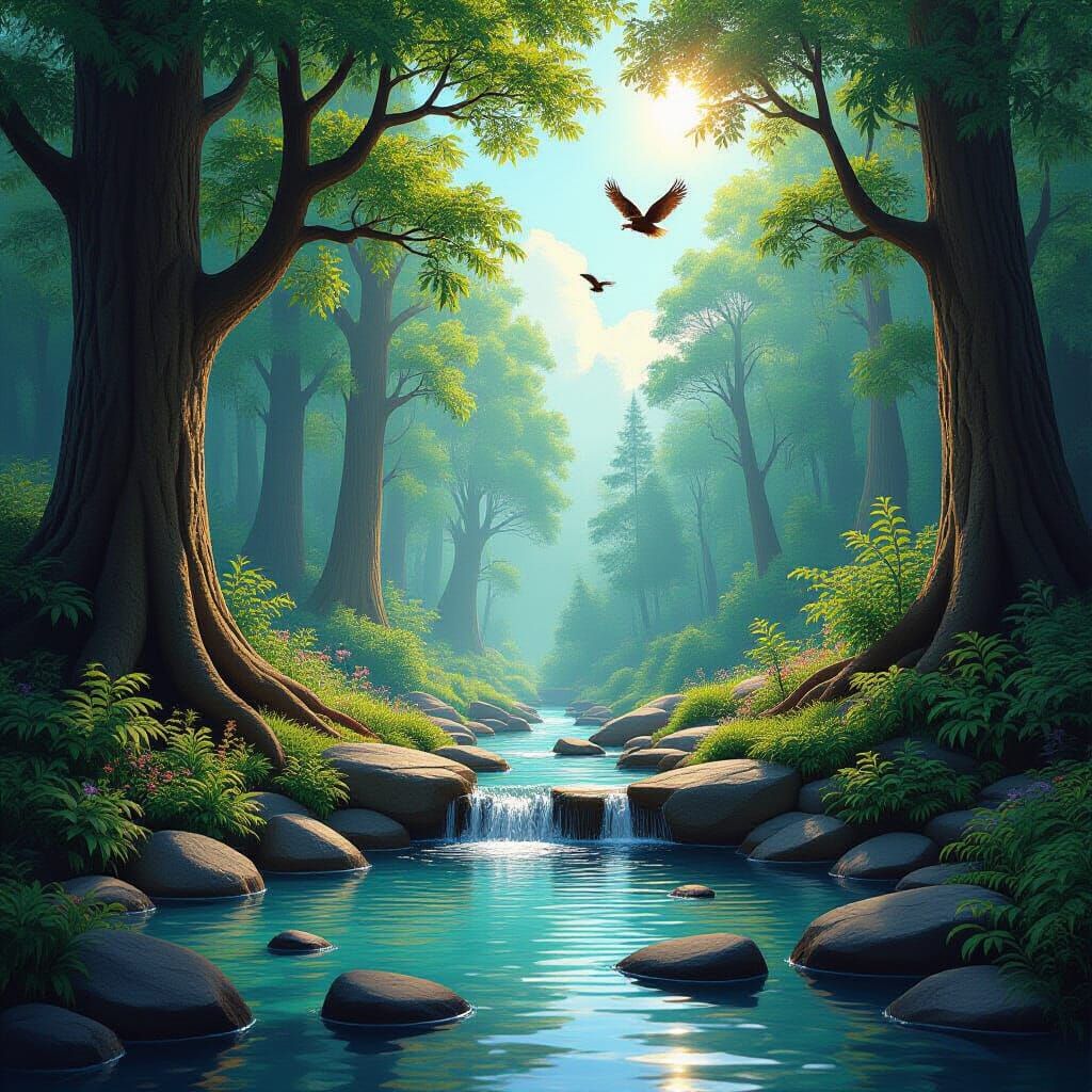 Magical Forest with Fountain, Soaring Eagles, and Clear Sky