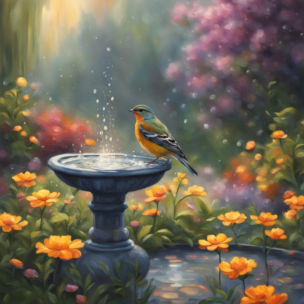 Impressionist Summer Garden in Rain with Birds and Frogs