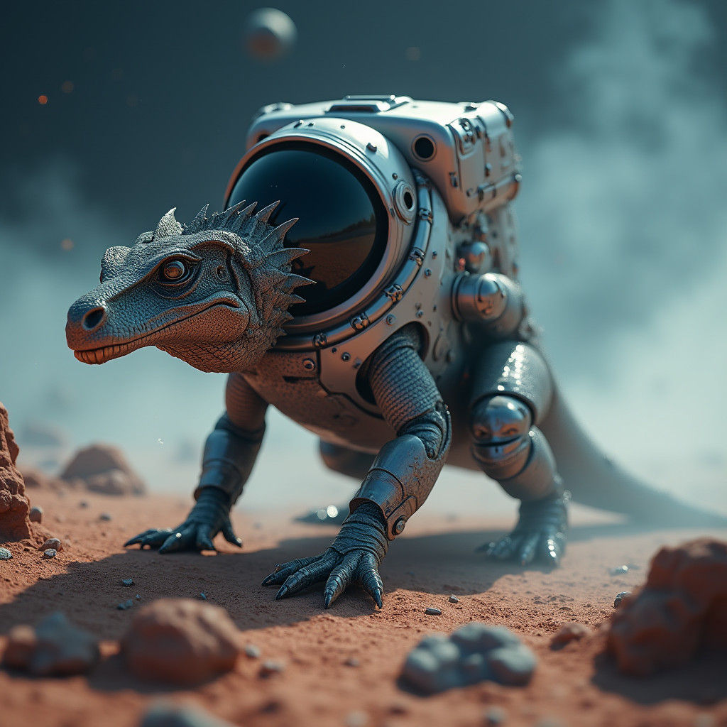Komodo Dragon in Spacesuit on Moon in Sci-Fi Style