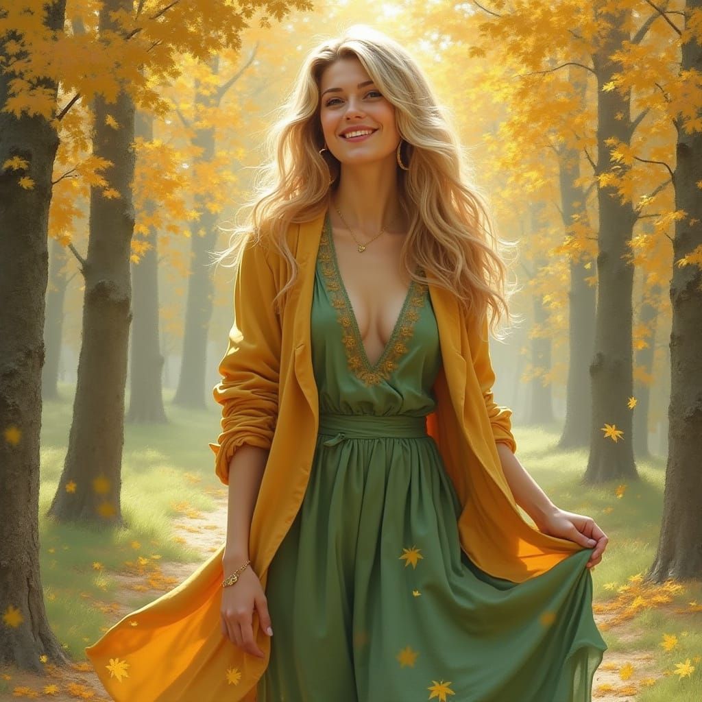 European Woman in Silk Dress in Autumn Forest