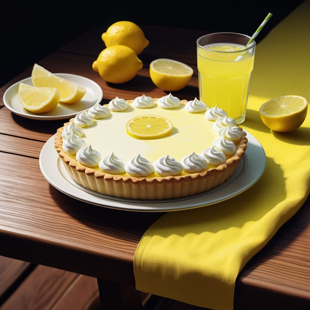 Lemon Cream Pie on a Yellow Linen Tablecloth in Anime Style