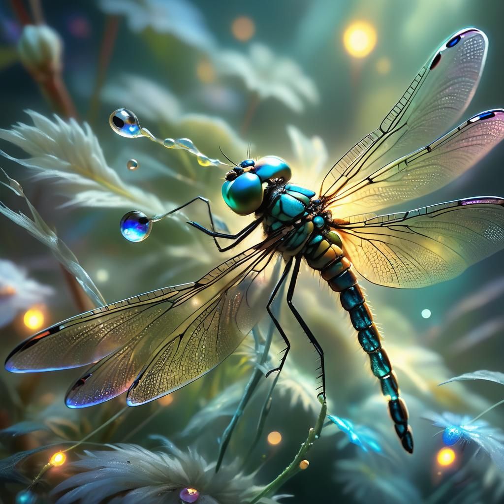 Microscopic Dragonfly on Thumb, Oil Painting Style