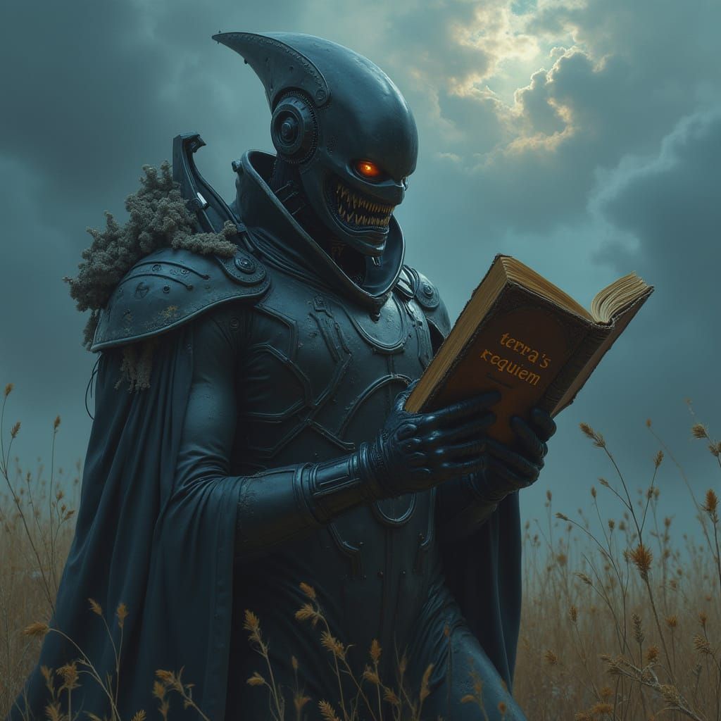 Alien Commander in Futuristic UFO, Holding 'Terra's Requiem'...