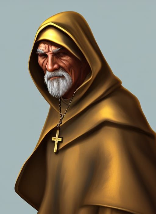 Hooded Cleric with Gold Cross Necklace in 8k
