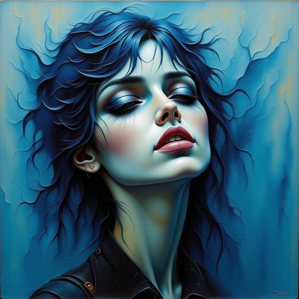 Mournful Woman Lost in Soft Blue Hues