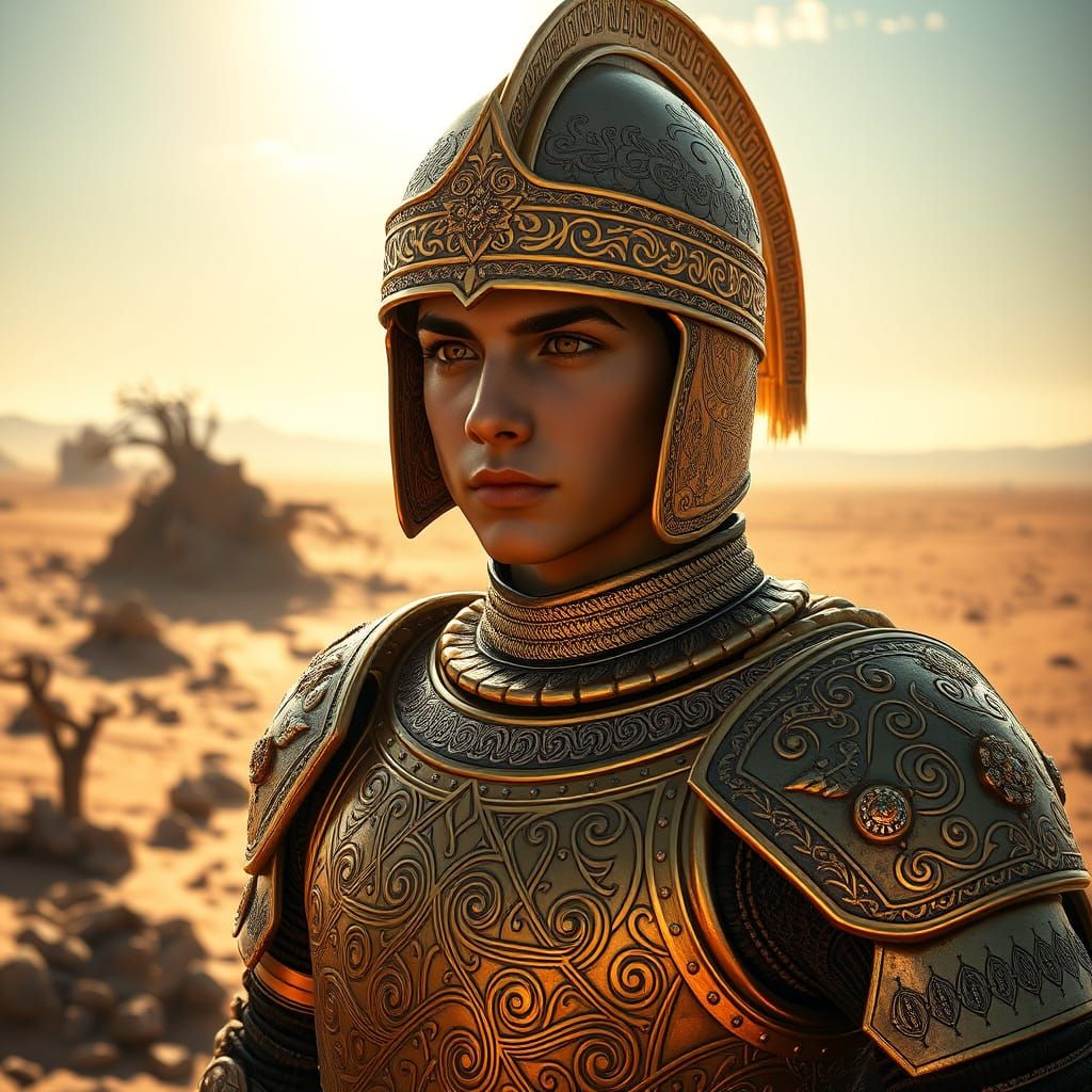 Seljuk Warrior in Golden Armor Stands Firmly on the Horizon