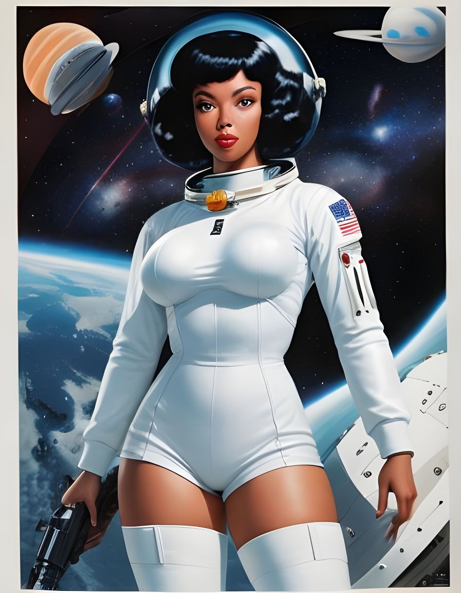 Retro Pin-Up Astronaut Shooting Alien in Space