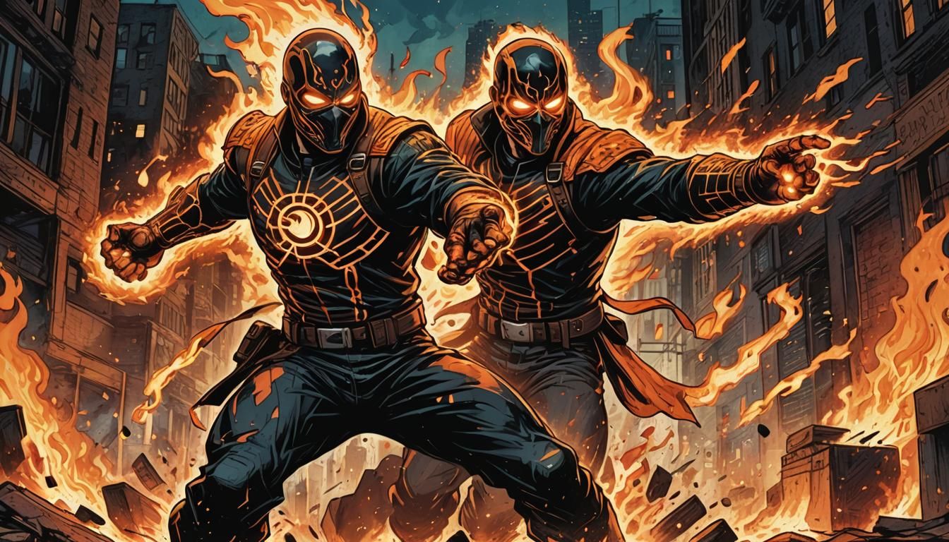 Masked Man with Fire Powers in Comic Book Style