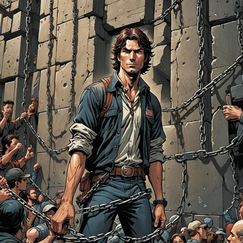 Chained Figure Before Granite Wall: Comic Book Art