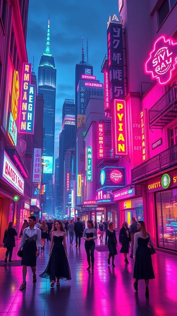 Elegant Retro-Futuristic City Square in Vibrant Dark Pastel