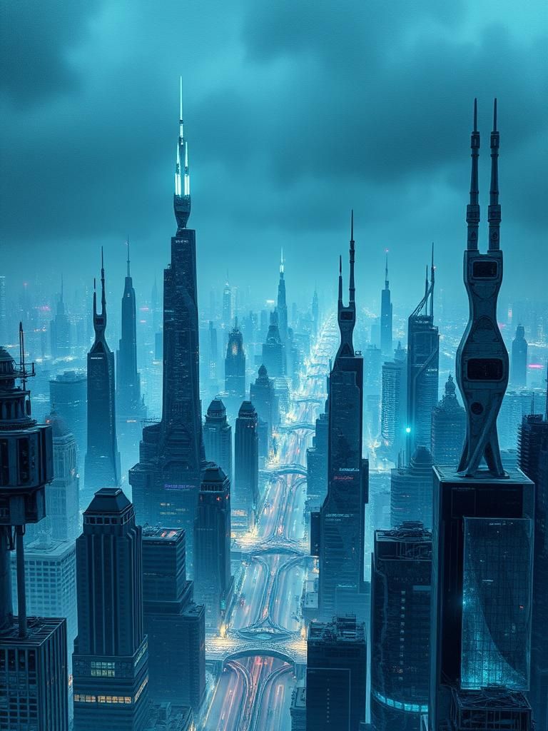 Futuristic Metropolis in Icy Blues: Cyberpunk Art