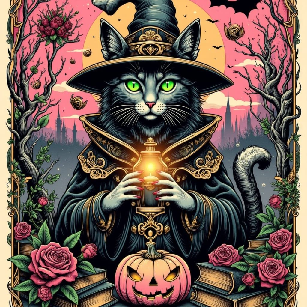 Mystical Cat in Neo-Traditional Tattoo Style with Witch Hat