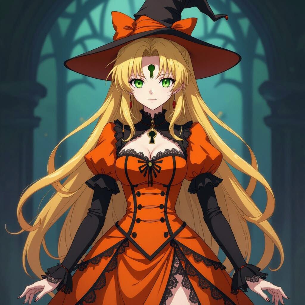 Golden-Haired Witch with Green Eyes in Victorian Dress