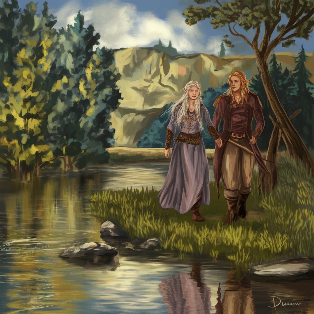 Elven Couple Strolling Along Riverbank