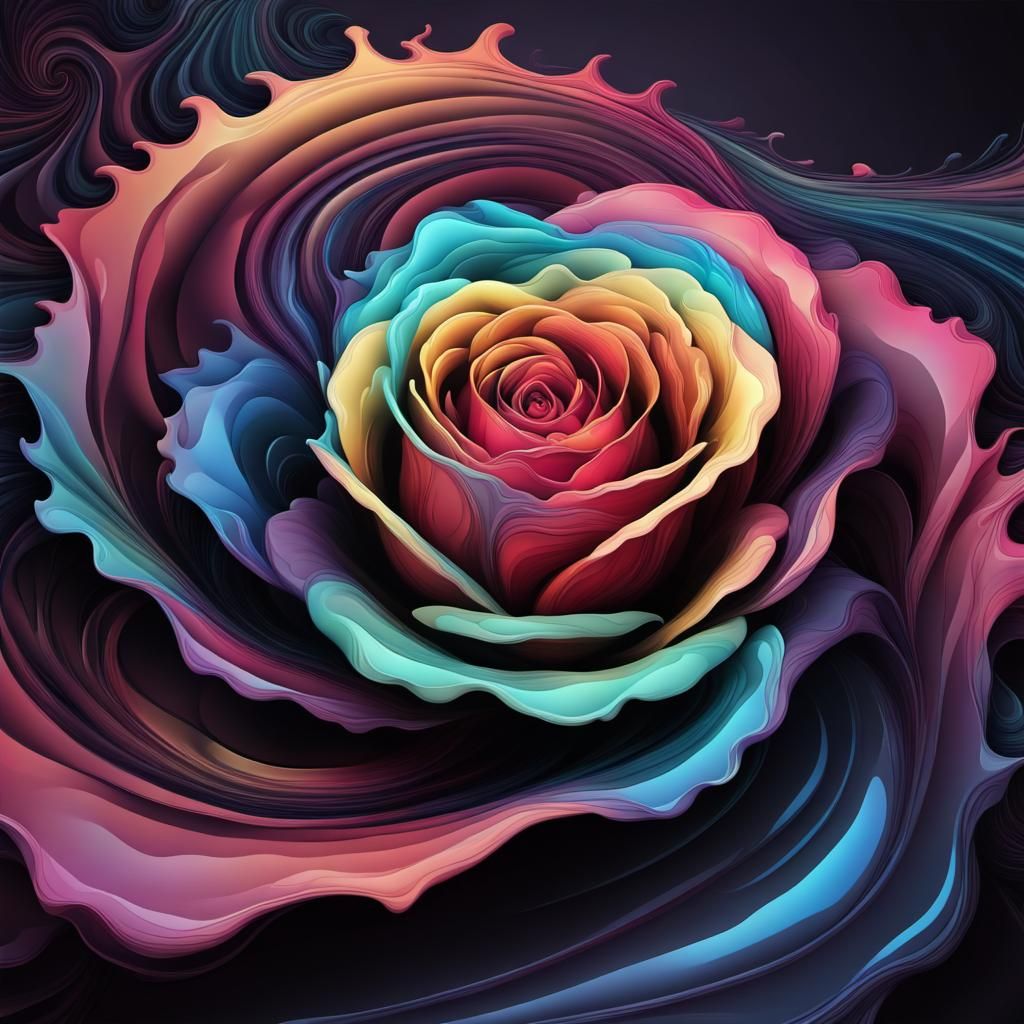 Melting Rose on Dark Mirror with Abstract Fractals