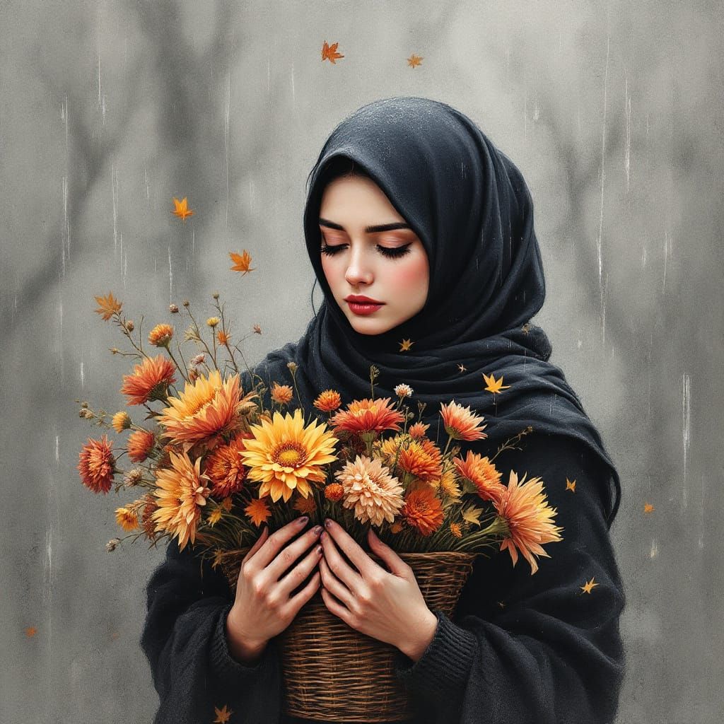 Woman with Autumn Flowers: Charcoal and Watercolor