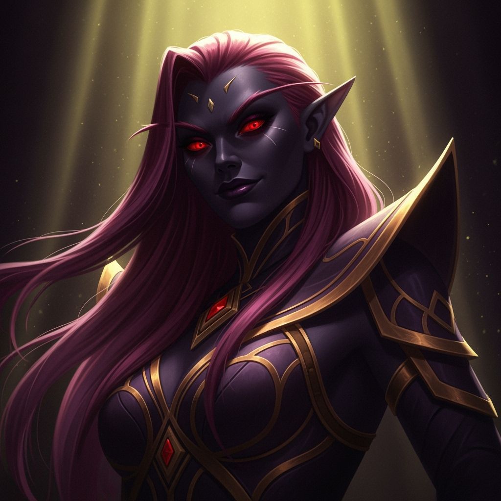 Sinister Elven Woman with Pink Hair and Red Eyes