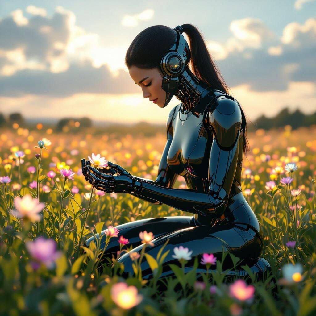 Cyborg Kneeling in Bioluminescent Flower Field