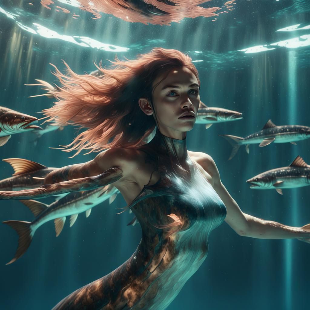 Hyper-Realistic Aquawoman Under Purpled Water