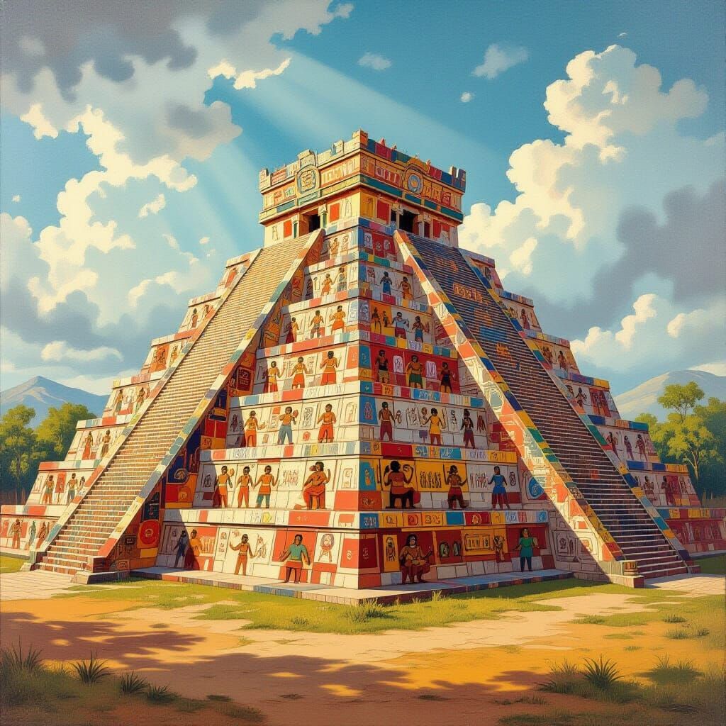 Aztec Pyramid Adorned with Vivid Historical Murals